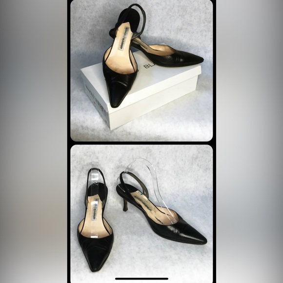 COPY - Manola Blahnik - Carolyn Sling Back Pump in Kid Black Leather - Picture 1 of 7
